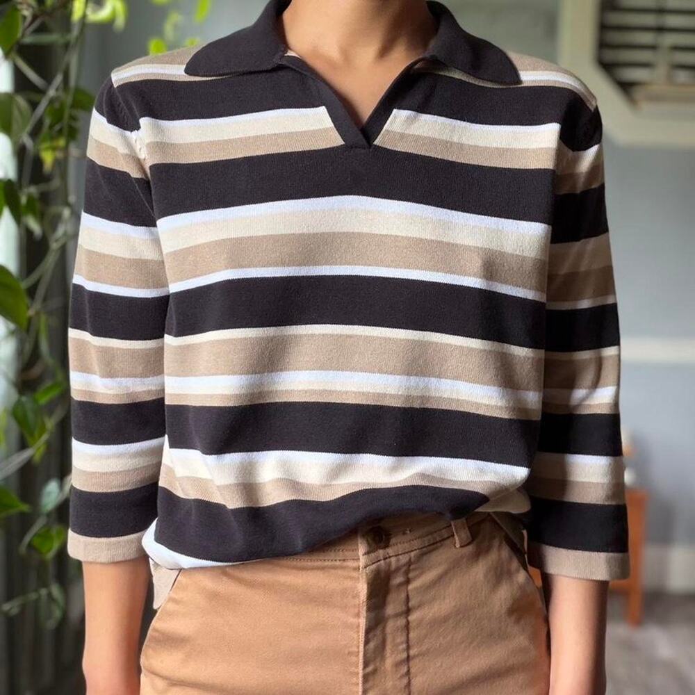 Neutral stripe knit polo top